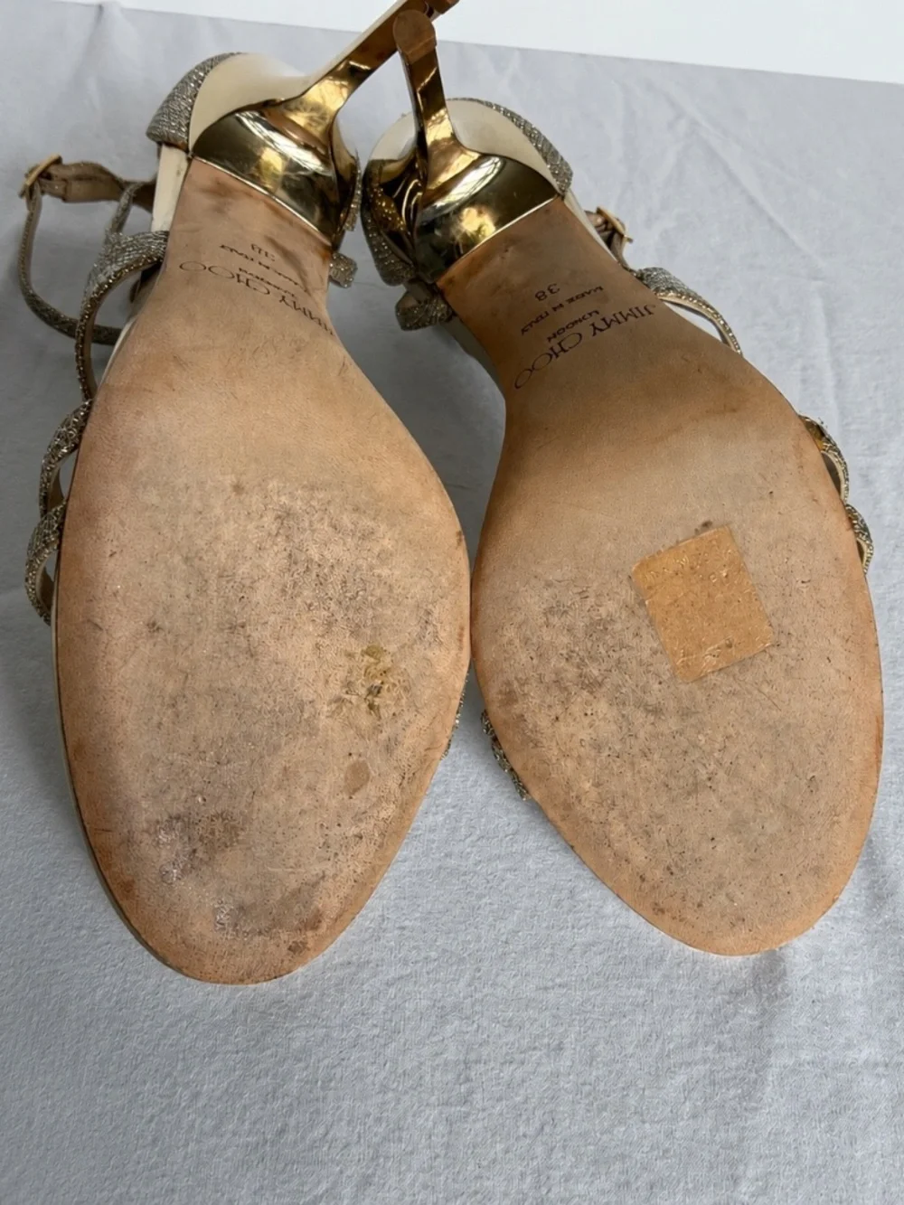 Jimmy Choo Valez Gold Glitter Strappy Sandal Heels Size 38